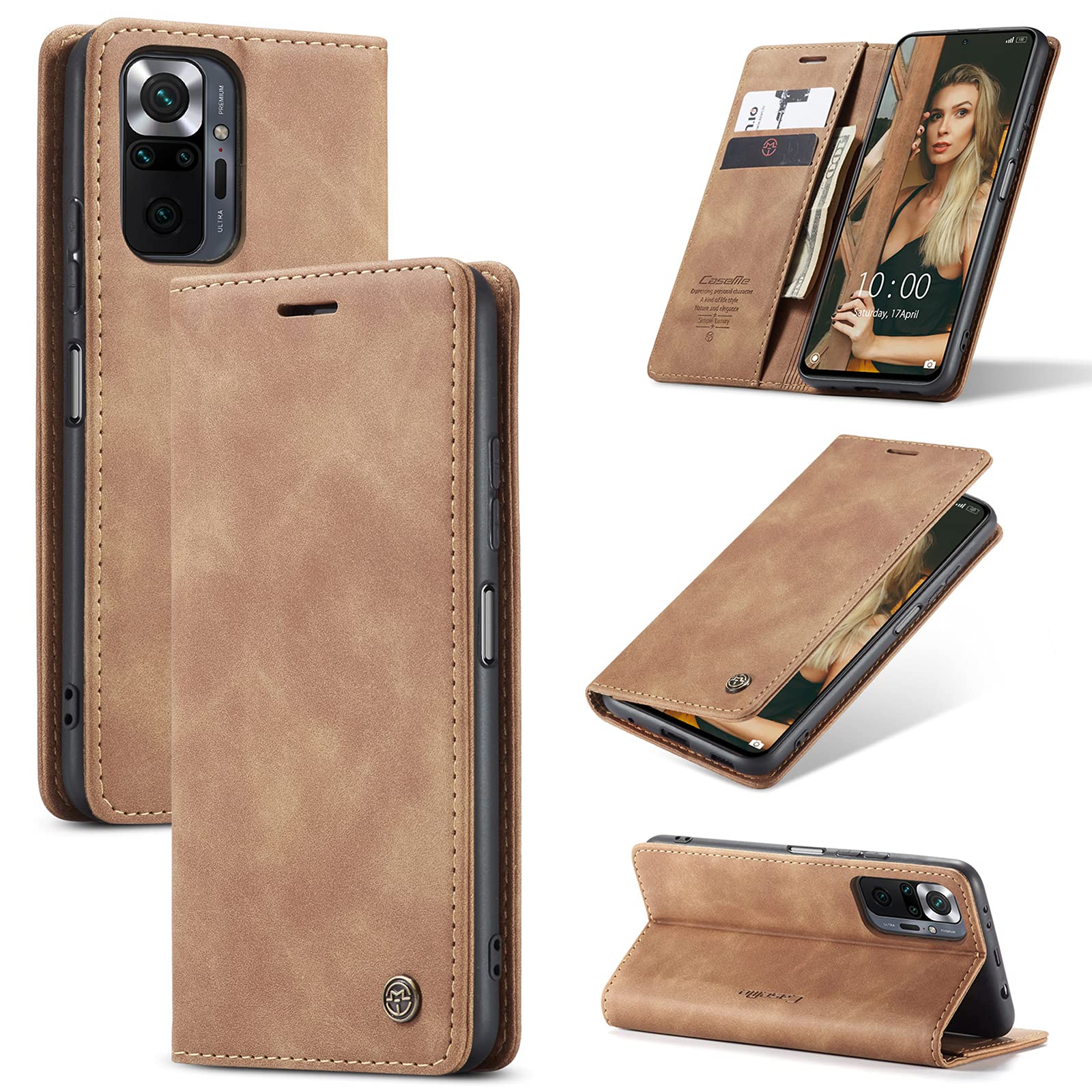 UFinetech Case for Xiaomi Redmi Note 10 Pro Slim Soft TPU Leather Magnetic Closure Stand Card Holder Wallet 2-in-1 Flip Cover Shell for Redmi Note 10 Pro Shockproof Anti-scratch Camera Protector Brown