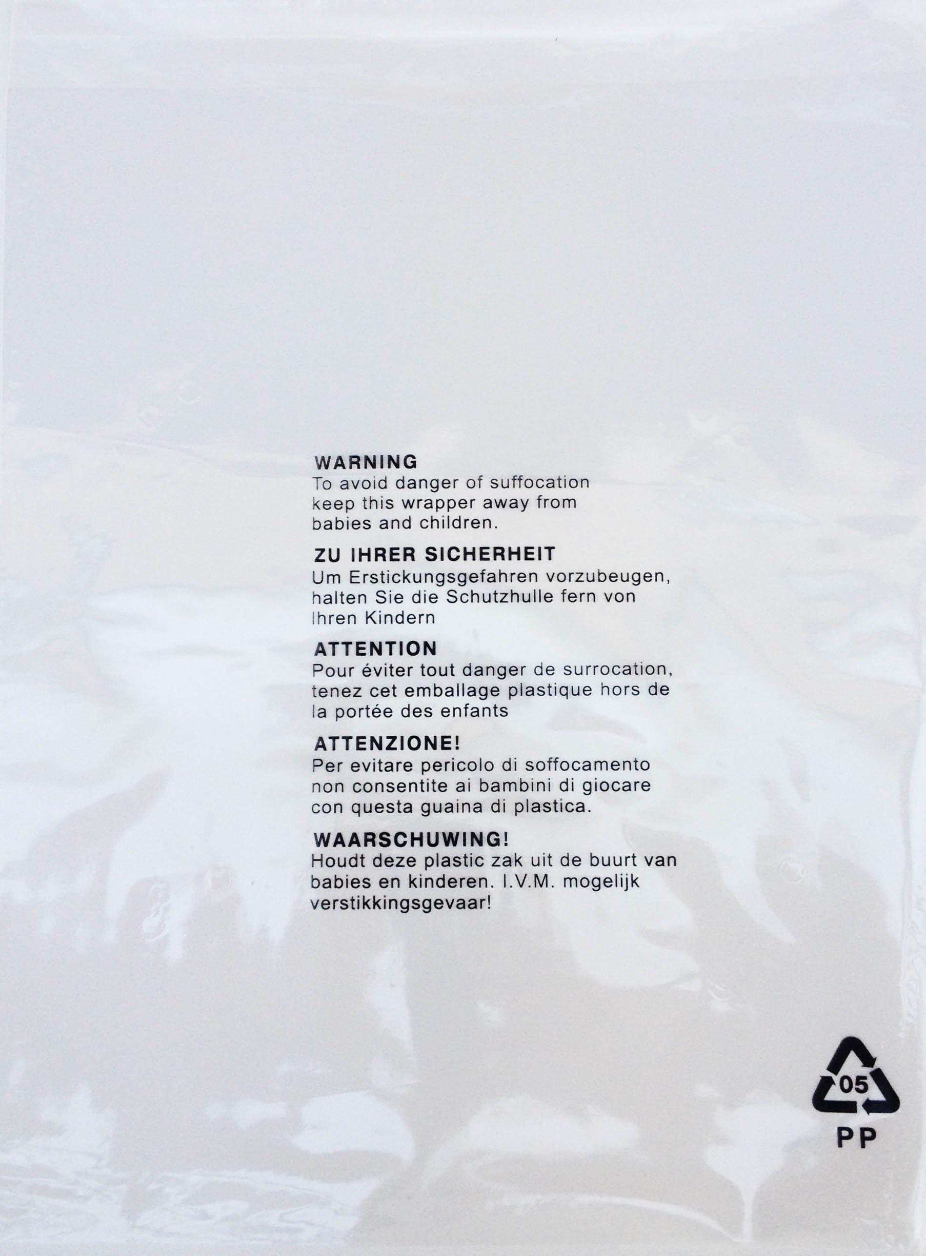 100 x Self Seal Crystal Clear Poly Bags With Suffocation Warning in 5 Languages Great For FBA Stock Poly Bagging (281 x 505mm (15 x 20 Inches))