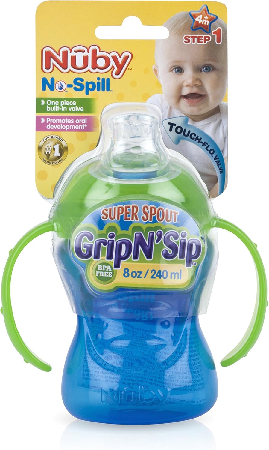 Nuby Two-Handle No-Spill Super Spout Grip N' Sip Cup, 8 Ounce, Single Pack of 1 Cup, Colors May Vary, Green, 1 Pack Assorted - Image 5