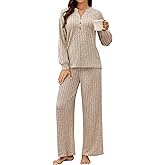 Blooming Jelly Women 2 Piece Pajamas Sets Long Sleeve Casual Ribbed Lounge Set Fall Pj V Neck Loungewear Outfit