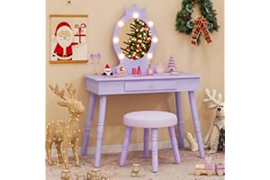 Costzon Kids Vanity, Girls Vanity Set with Mirror and Stool and Lights, Drawer, 2 in 1 Wooden Makeup Vanity Desk Dressing Table, Kids Vanity Table and Chair Set (Violet)