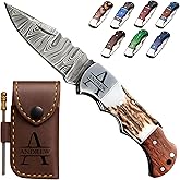 Personalized Damascus Stag Bone Pocket Knife, Folding Knife, Custom Unique Gift for Brother, Uncle, Grandpa, Husband, Dad, Groomsmen, Camping, Wedding, Anniversary, Father&rsquo;s Day Gifts for Him, Men
