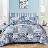 Mybedsoul Blue Quilt Set Twin Size, 2 Pieces Plaid Floral Bedspread Set Patchwork Reversible Bedding Set Microfiber Lightweight Bedspread Coverlet Set for All Season 68"x86"
