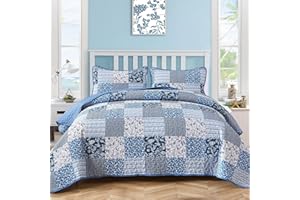 Mybedsoul Blue Quilt Set Full Size, 3 Pieces Plaid Floral Bedspread Set Patchwork Reversible Bedding Set Microfiber Lightweight Bedspread Coverlet Set for All Season 78"x90"