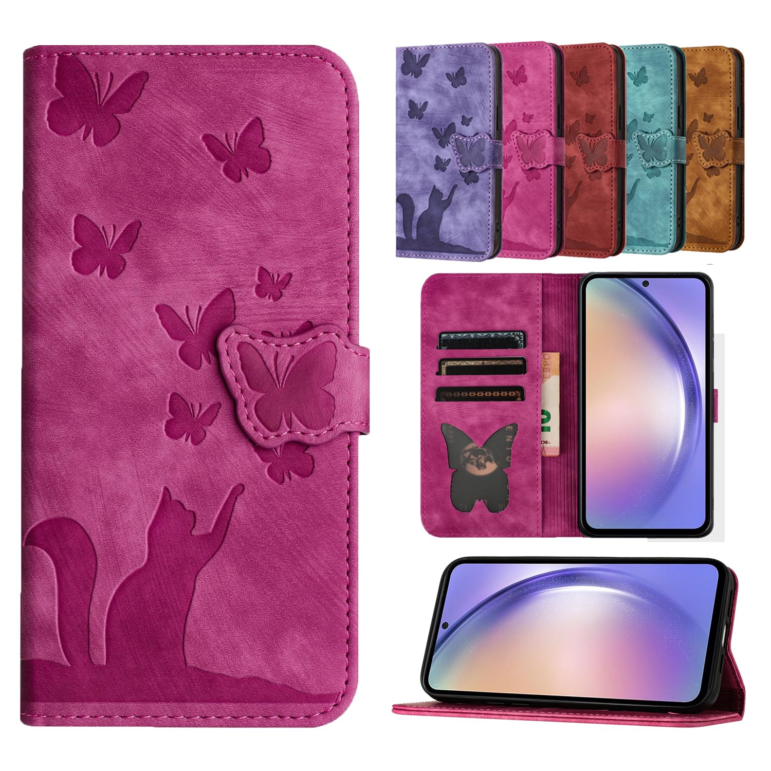 TEDTIKJT Case for Honor 90 lite/Honor X50i PU Leather Flip Case Cover with Wallet Card Slots Magnetic Protective Kickstand Cover,Butterfly Cat Rose Red — image 1
