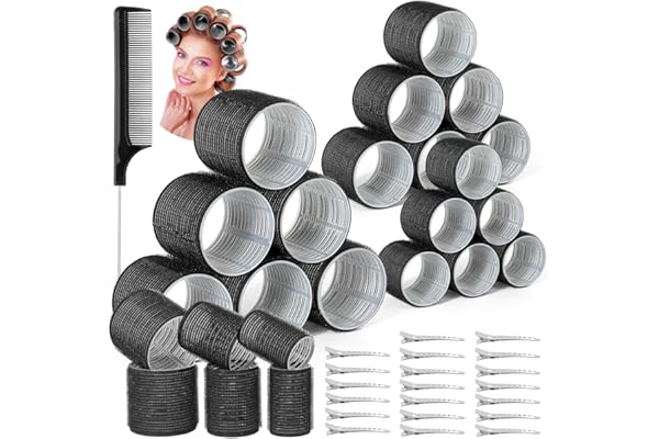 39PCS Self Grip Hair Rollers Curlers 3 Sizes Black Hair Roller 2.5in, 1.9in, 1.4in, Jumbo Hair Roller with 12PCS Duckbill Cli
