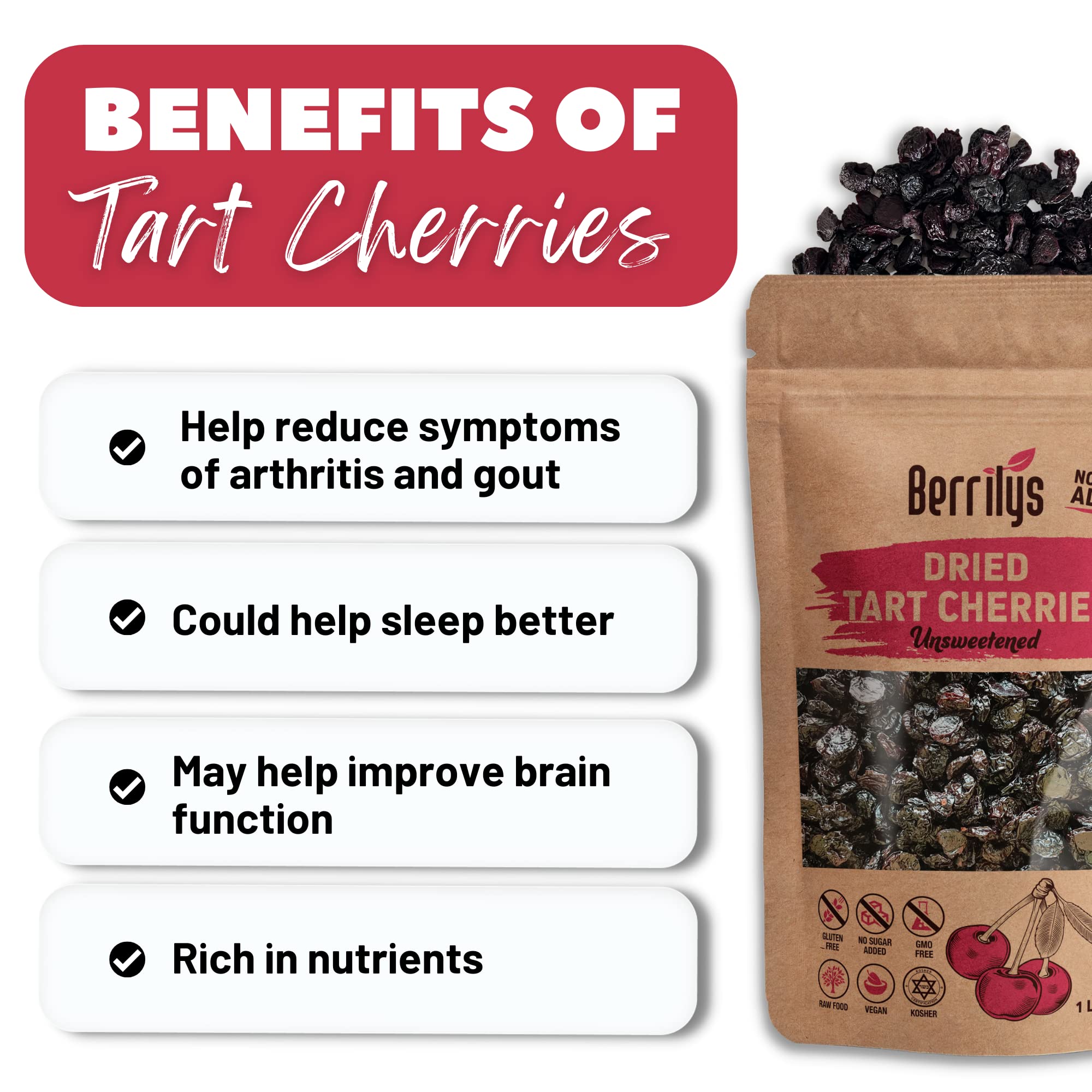 Dried Cherries, Unsweetened, Tart, Berrilys,16 oz, Pitted, Kosher