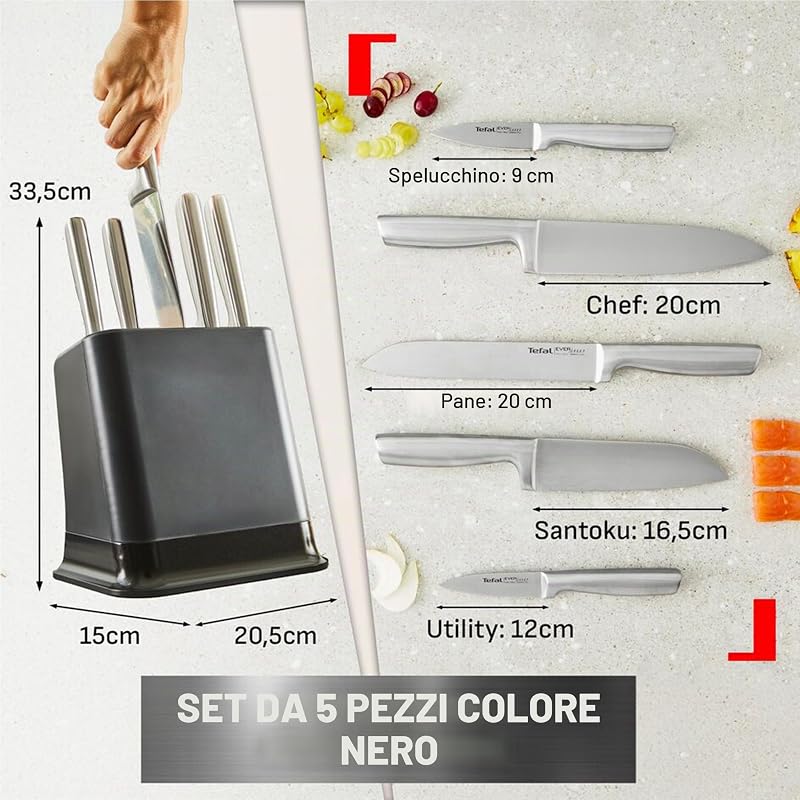 EverSharp Pro K2976S04 - Set di 5 coltelli con blocco portacoltelli autoaffilante, tecnologia di affilatura brevettata, acciaio inossidabile tedesco, nero, K2976S04