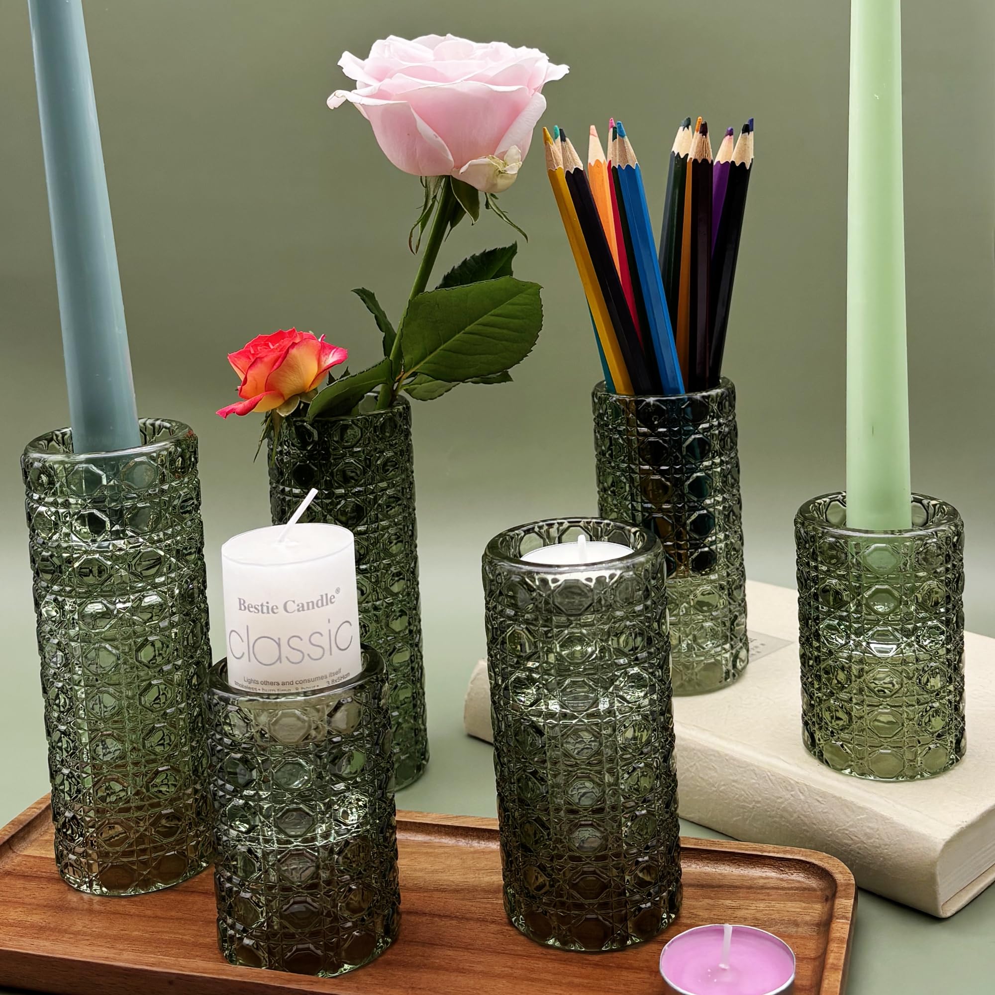Green Glass Candle Holders Set, 6 Pack Clear Candlestick Holders 3 in 1 Crystal Candleholder Pillar Candle Stands, Tealight & Votive Candle Holder Home Decor Table Centerpieces Christmas Wedding