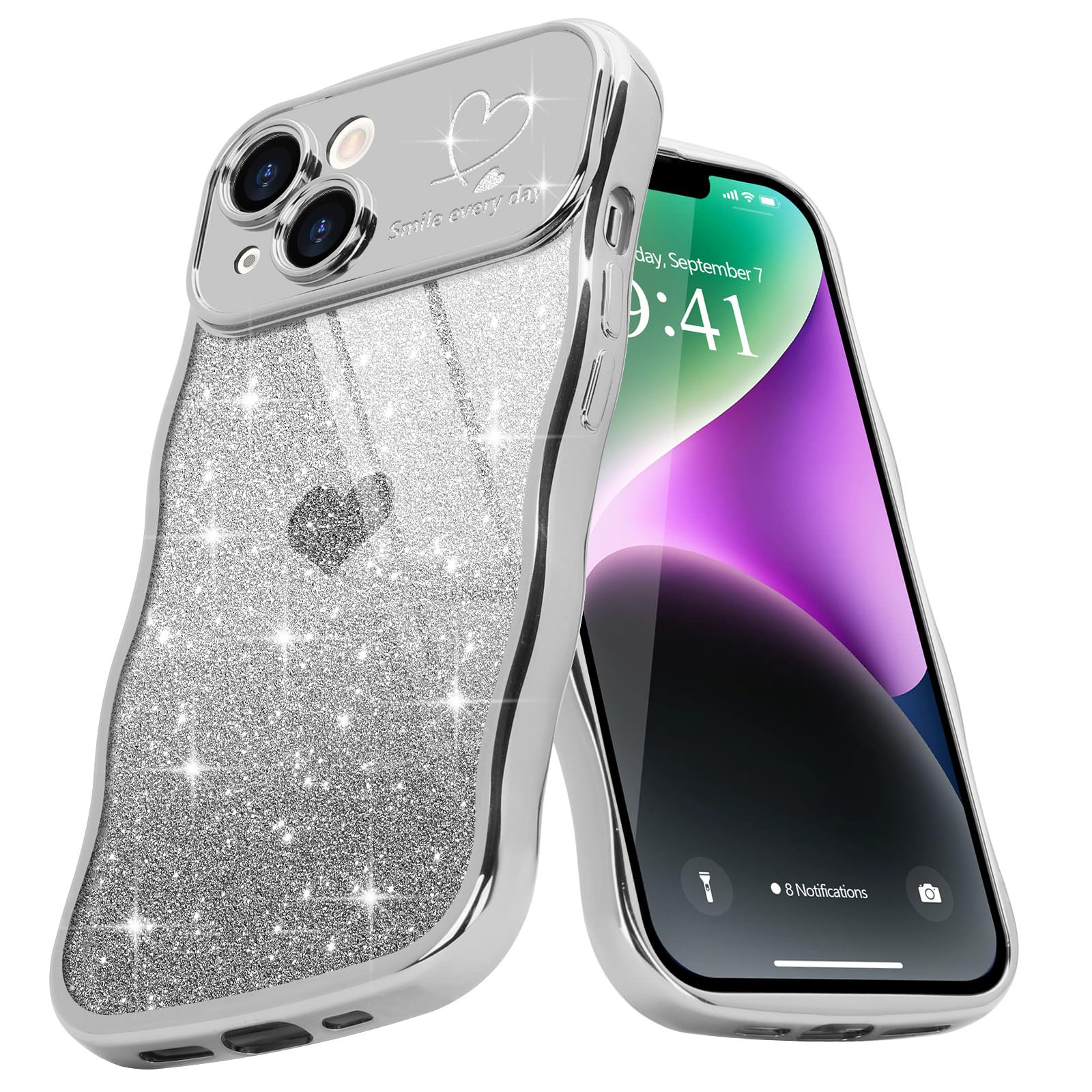 Teageo Cute Heart Pattern Curly Phone Case for iPhone 14, Wave Frame Glitter Case for Girls Women Aesthetic Bling Cover Shockproof Soft TPU Bumper for iPhone 14, Silver