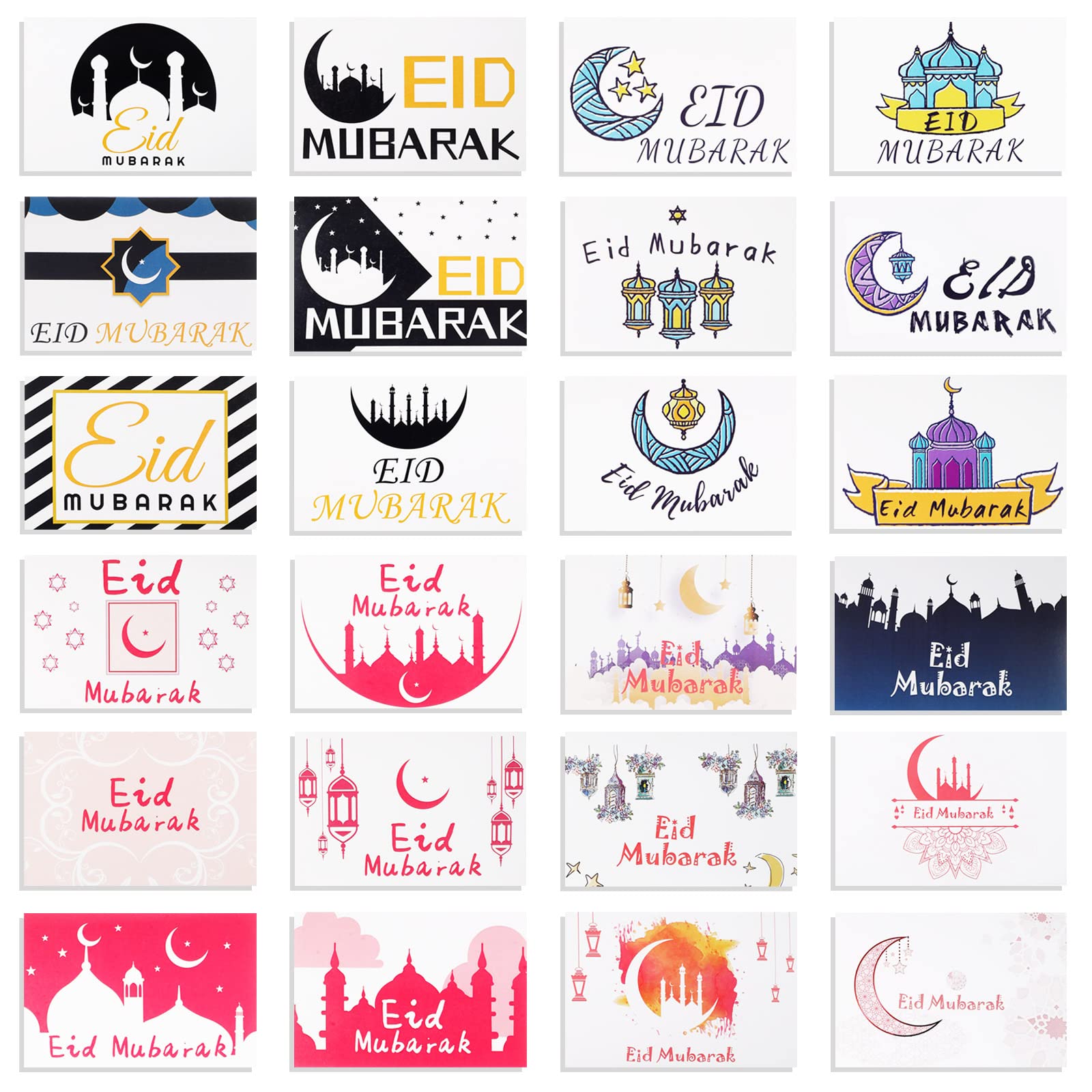 Faccito 24 Pack Eid Mubarak Cards with Envelopes and Ramadan Mubarak Stickers Assorted Happy Eid al-Fitr al-Adha Greeting Card for Islamic Muslim Party Decorations