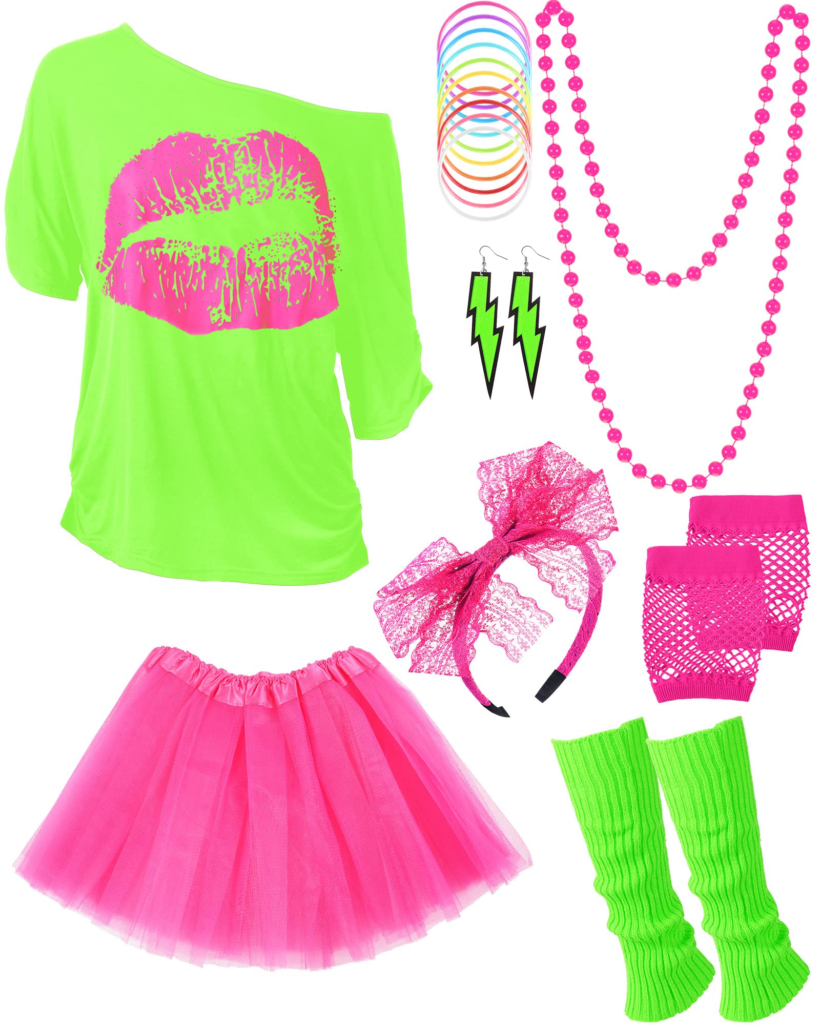 Photo 1 of Blulu 80s Outfit Costume Accessories for Women Neon T Shirt Tutu Skirt for Halloween(Fluorescent Green with Rose Red,S)