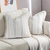 AELS 18x18 Decorative Farmhouse Linen Throw Pillow Covers with Fringe,Boho Textured Pillow Case,Set of 2,Beige with White & Navy Blue Stitch Yarn Dyed Stripe Cushion Cover for Sofa Couch (Cover ONLY)
