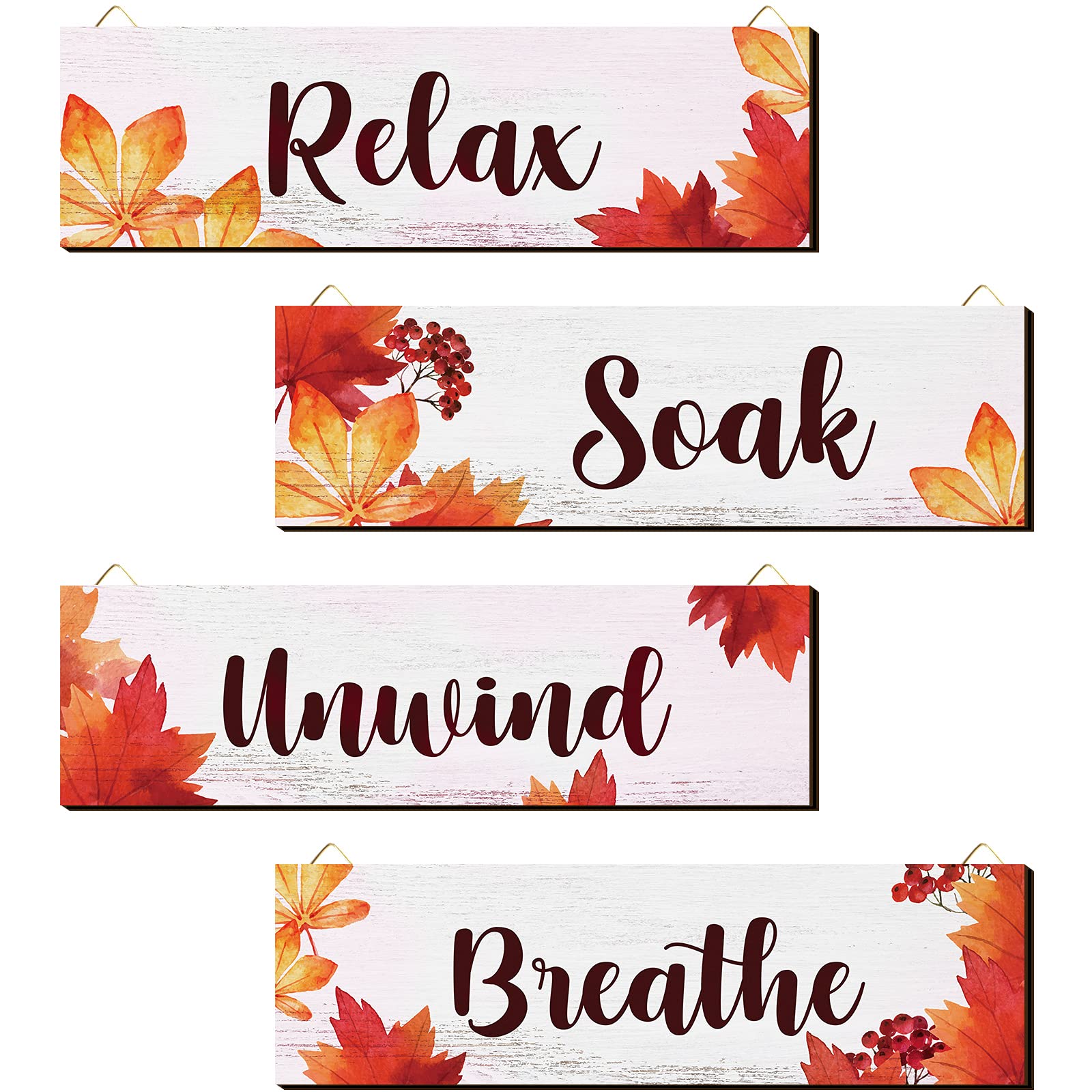 Photo 1 of Blulu 4 Pieces Thanksgiving Fall Bathroom Wall Decor Wall Art Farmhouse Bathroom Wooden Decor Relax Soak Unwind Breathe Sign for Fall Thanksgiving Home Restroom Hotel Office(White)