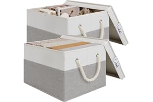 LoforHoney Home Fabric Storage Bins with Lids for Organizing, Foldable Storage Boxes with Lids for Shelves, Clothes Baskets with Cotton Rope Handles, Closet Storage Bins, XLarge, Beige & Gray, 2-Pack