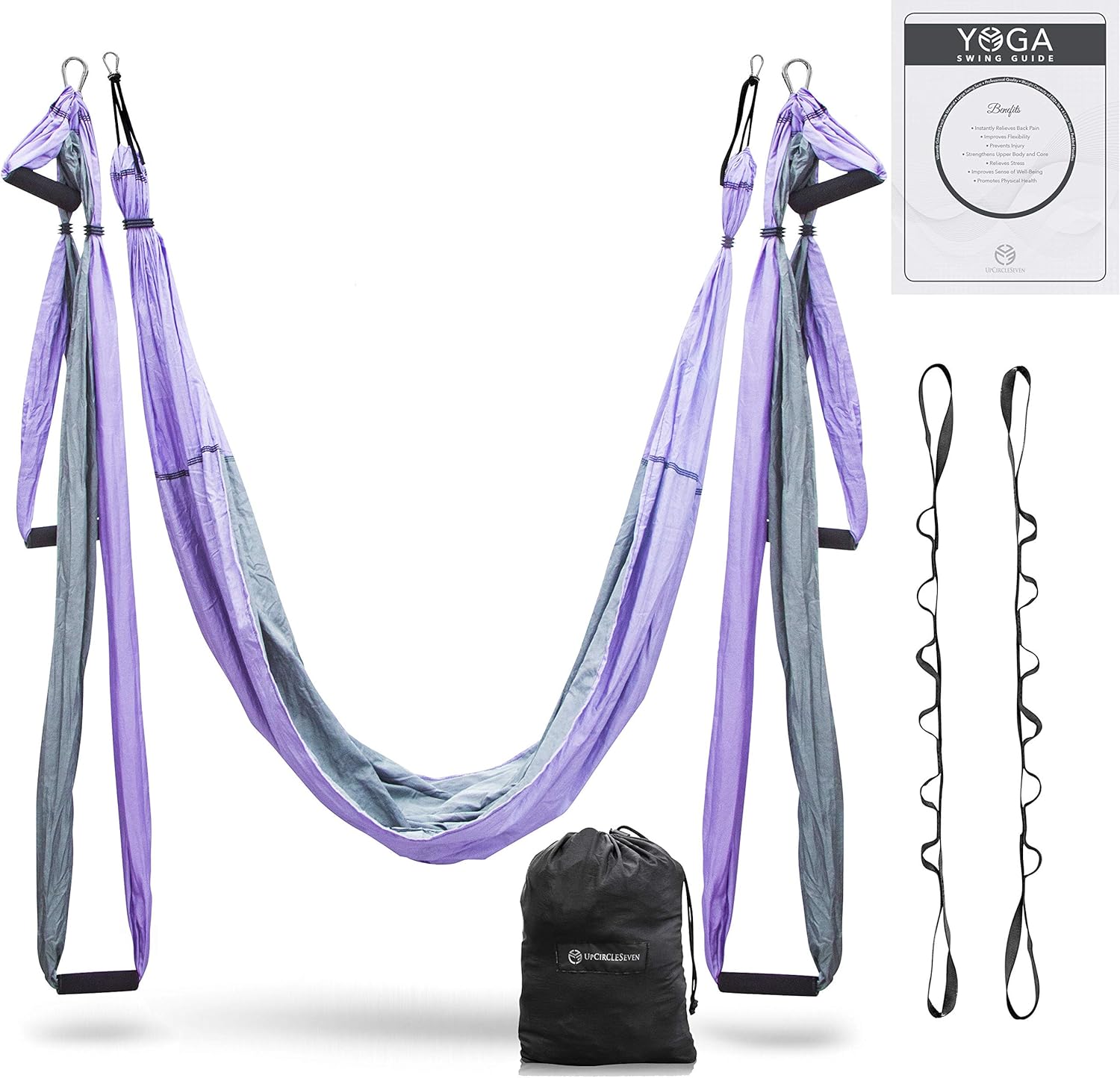 UpCircleSeven Aerial Yoga Swing Set - Yoga Hammock/Sling Kit + Extension Straps & Guide - Inversion Swing for Beginners & Kids - Ceiling Hanging Yoga Sling (Purple/Grey) : Sports & Outdoors
