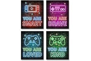 SIMIMI ART Neon Video Game Decor Set of 4(8"x10"), Boys Room Decorations for Bedroom, Encouragement Gaming Wall Art for Kids Boy Playroom Home Decor, gamer wall art, Teen boy bedroom, No Frames