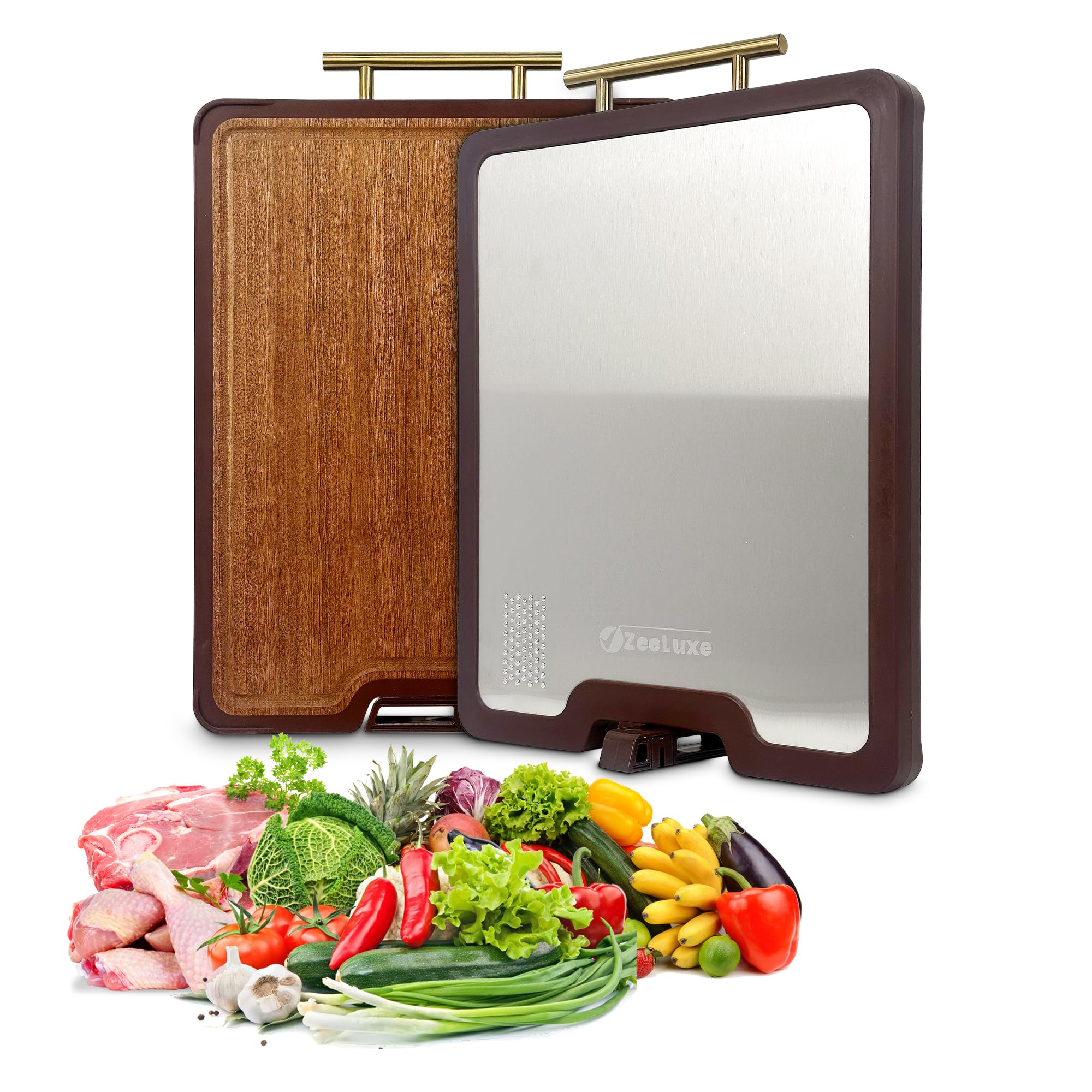 Photo 1 of ( 2 count ) 2 in 1 Cutting Board – Double Sided Cutting Board Stainless Steel & Wood with Knife Sharpener & Garlic Grater – Large Cutting Board for Kitchen, Vegetables, Meat & Charcuterie -17x12.2 Inch