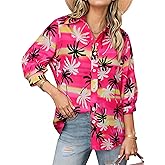 Womens 3/4 Sleeve Hawaiian Shirts Button Down Floral Printed Casual Holiday T-Shirt V Neck Collar Trendy Boho Blouses Tops
