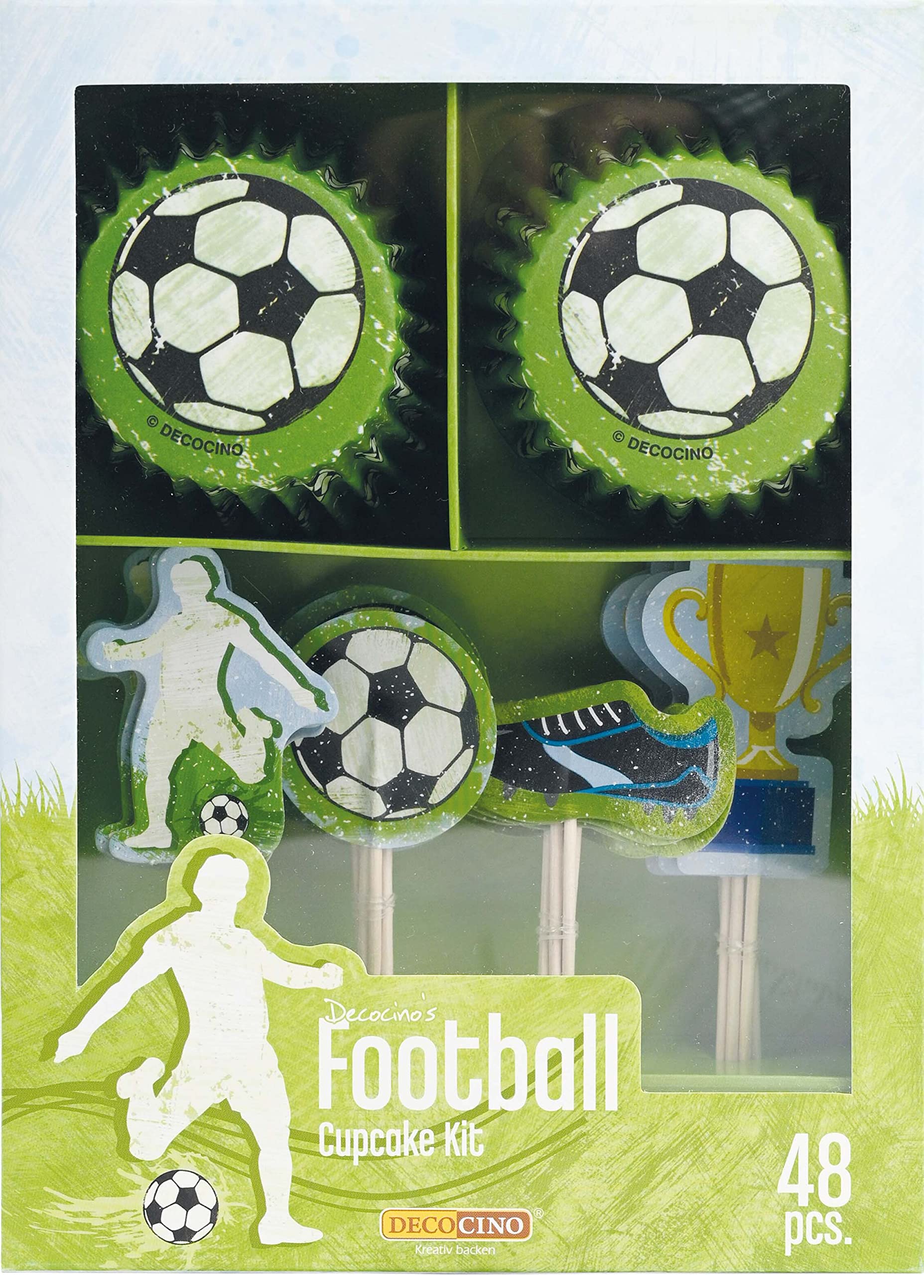 DECOCINO Muffin Set Football 48 Pieces - 24 Cupcake Cases with Diameter 5 cm & 24 Muffin Toppers Made of Paper, Ideal Decoration for Children's Birthdays & Themed Parties