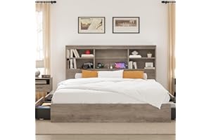 Garvee Queen Size Bed Frame with High Bookcase Headboard, Wooden Queen Platform Bed with 4 Storage Drawers & Charging Station
