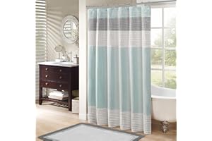 Madison Park Amherst Bathroom Shower Curtain Faux Silk Pieced Striped Modern Microfiber Bath Curtains, 72x72 Inches, Aqua