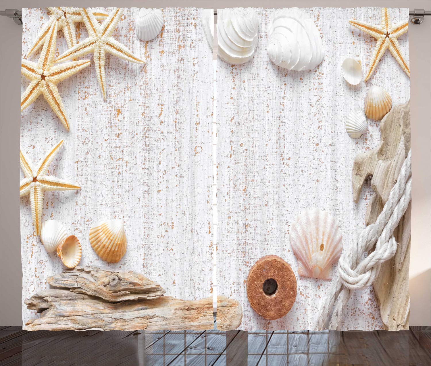 ABAKUHAUS Maritime Curtains, Exotic Ocean Natural Souvenirs Frame with Sea Shells and Starfish Print, Living Room Bedroom Window Drapes 2 Panel Set, 102 L X 110 W, Off White and Almond