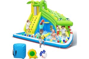 Culaluva Inflatable Water Slide: 5 in 1 Crocodile Blow up Bounce House for Kids - Splash Pool Cannon Climbing Wall Basketball Rim 480W Blower - for Backyard Outdoor Birthday Party