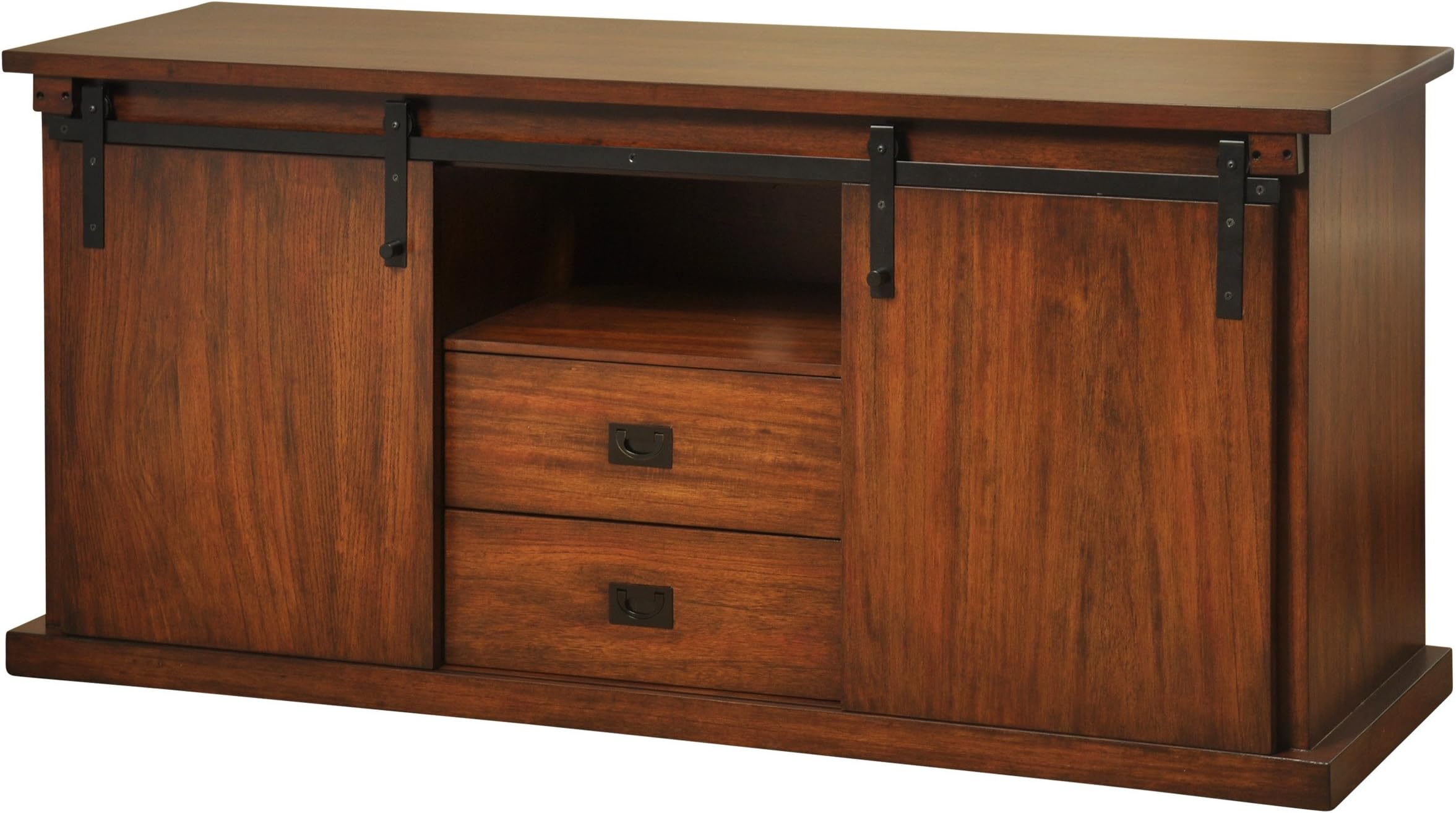 Collective Design Transitional Sliding Barn Door TV Two Center Drawers-Chestnut Brown Finish Cabinet