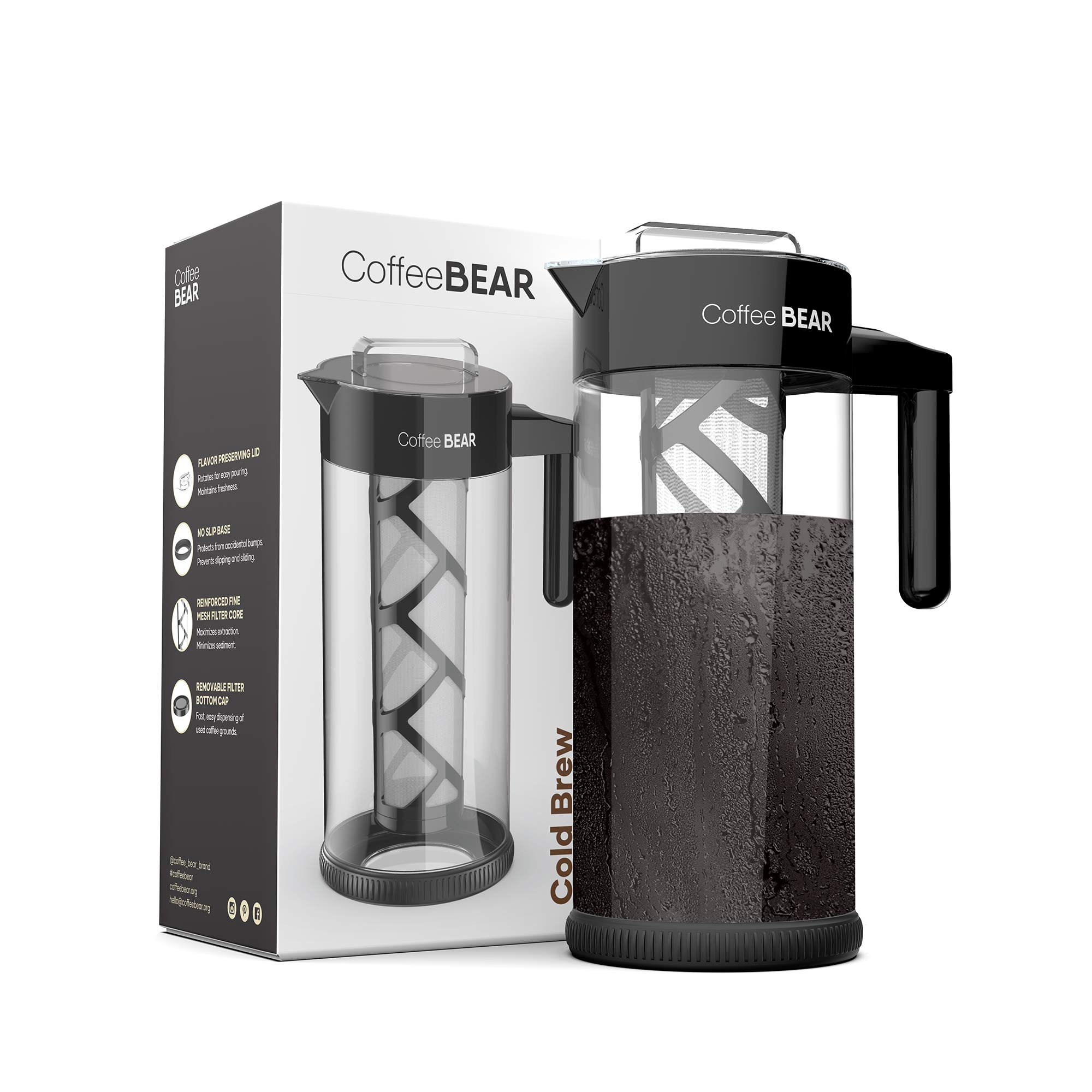 Photo 1 of COFFEE BEAR – Cold Brew Coffee Maker and Iced Tea Brewer, Large 1.3L (44oz) Borosilicate Glass Pitcher with Reusable Mesh Filter, Easy to Clean, Dishwasher Safe