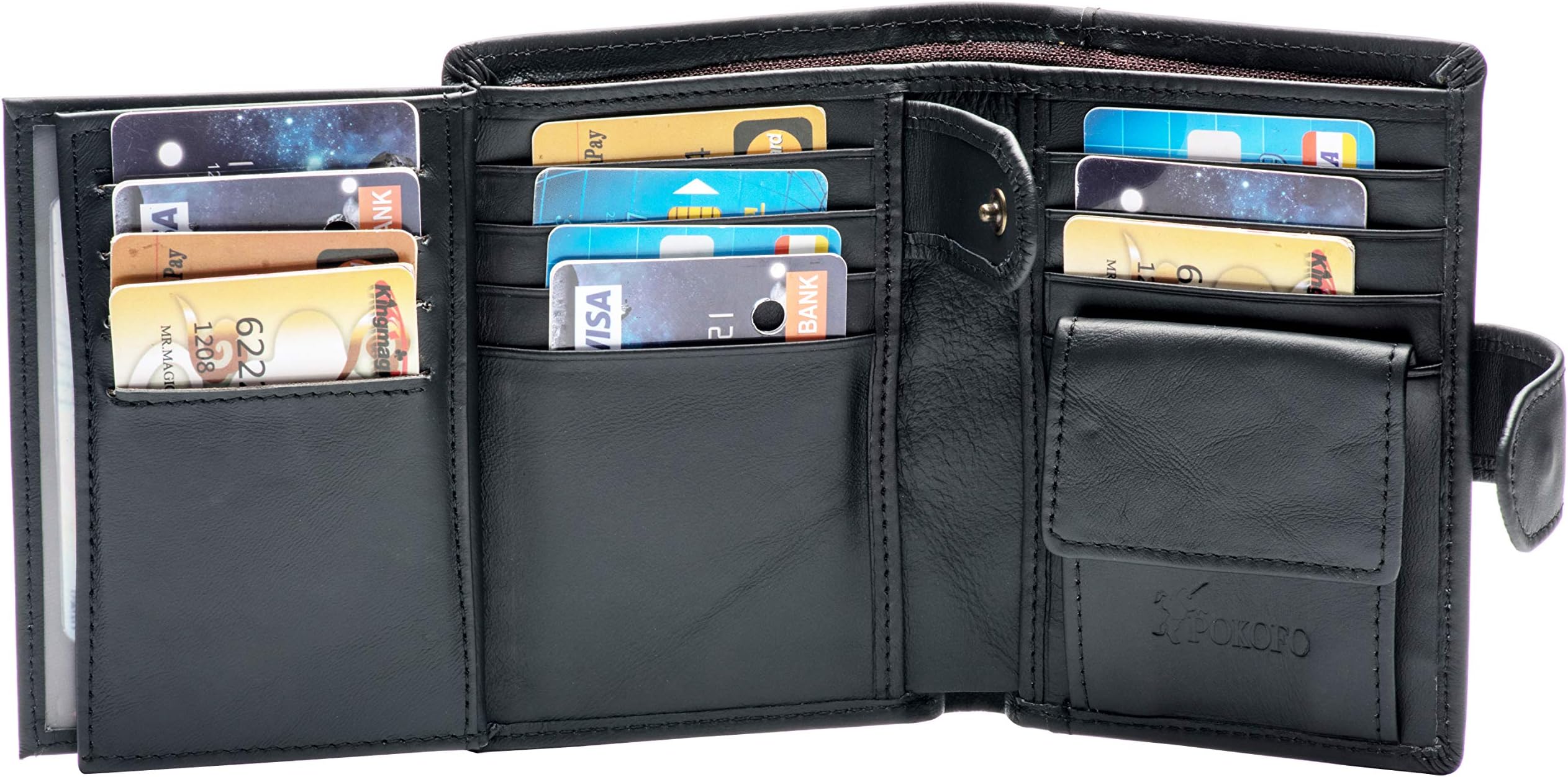 Large RFID Genuine Leather Card Holder Trifold Wallet Snap Closure 3 ID Windows for men
