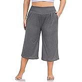 ZERDOCEAN Women's Plus Size Wide Leg Capris High Waist Yoga Pants Casual Loose Lounge Pants with Pockets