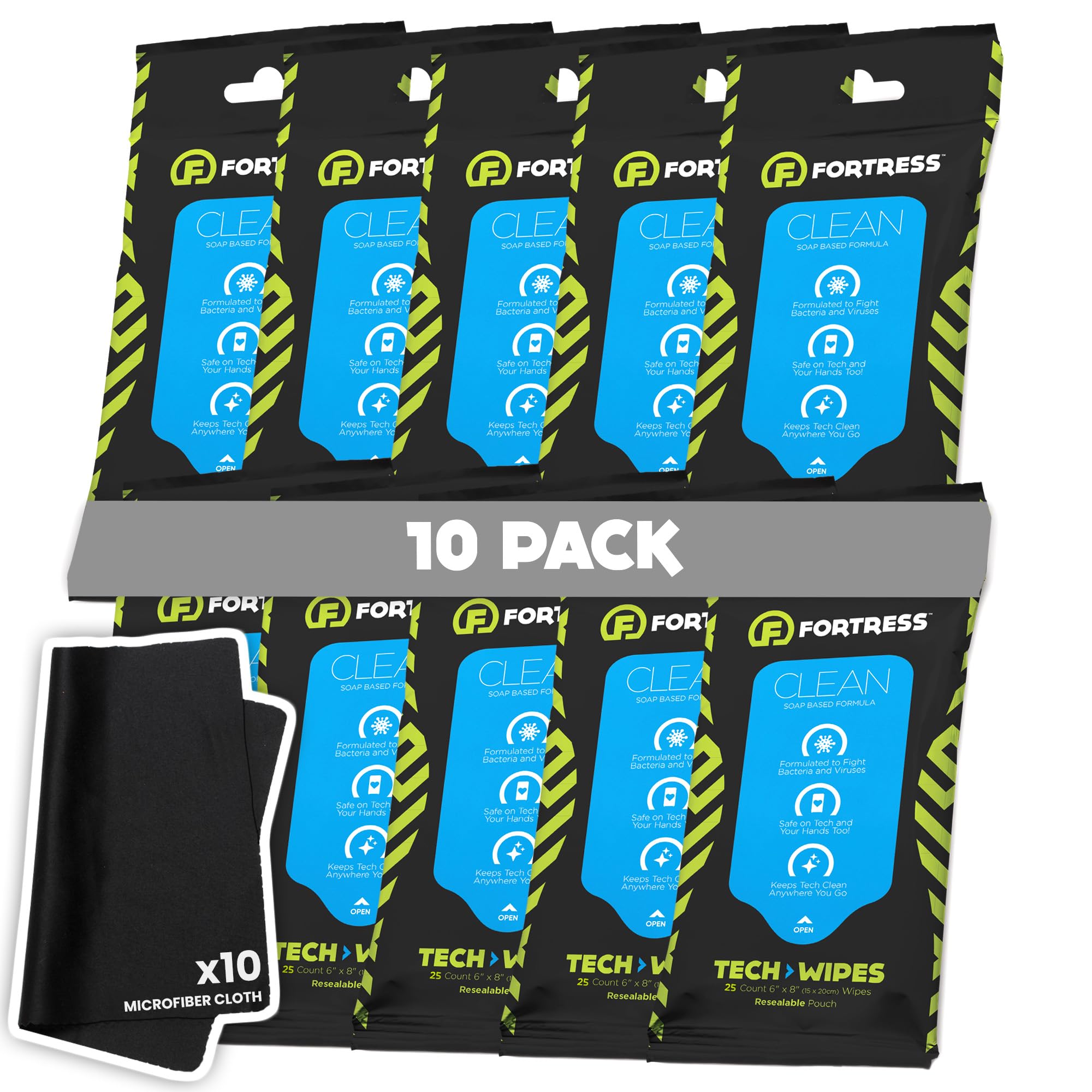 Fortress Electronic Wipes With Microfiber Cloth (25 ct, Pack of 10) To-Go Tech Wipes for Screens, Phones, Keyboards, TV Monitors, Computer Screens, and More [Travel Size] Skin-Safe