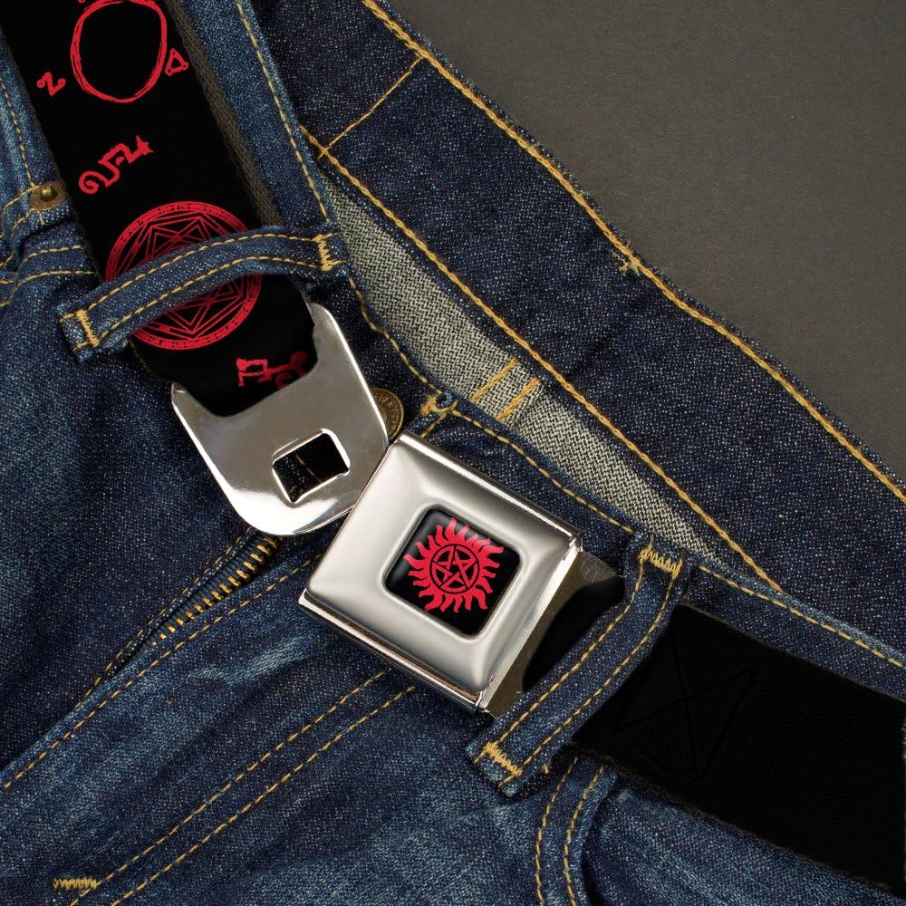 Buckle-Down Seatbelt Belt - Supernatural Symbols Scattered Black/Red - 1.0" Wide - 20-36 Inches in Length: Clothing