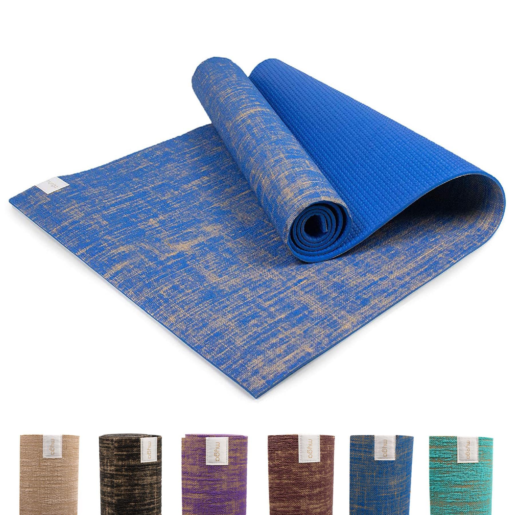 Myga RY1243 - Jute Yoga Mat - High Performance, Vegan Floor Exercise Mat - Eco Friendly Biodegradable Yoga Mat with PVC Backing - 5mm Thickness - Blue