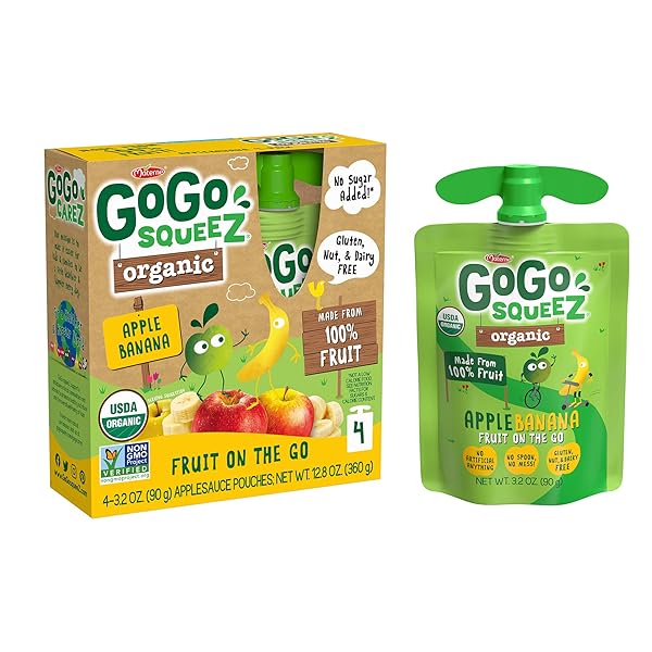 GOGO SQUEEZ ORGANIC APPLESAUCE, APPLE BANANA, 3.2 OUNCE (4 POUCHES), GLUTEN FREE, VEGAN FRIENDLY, UNSWEETENED APPLESAUCE, RECLOSEABLE, BPA FREE POUCHES