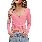 PRETTODAY Women's Wrap Knit Sweater V Neck Tie Front Long Sleeve Casual Pullover Tops