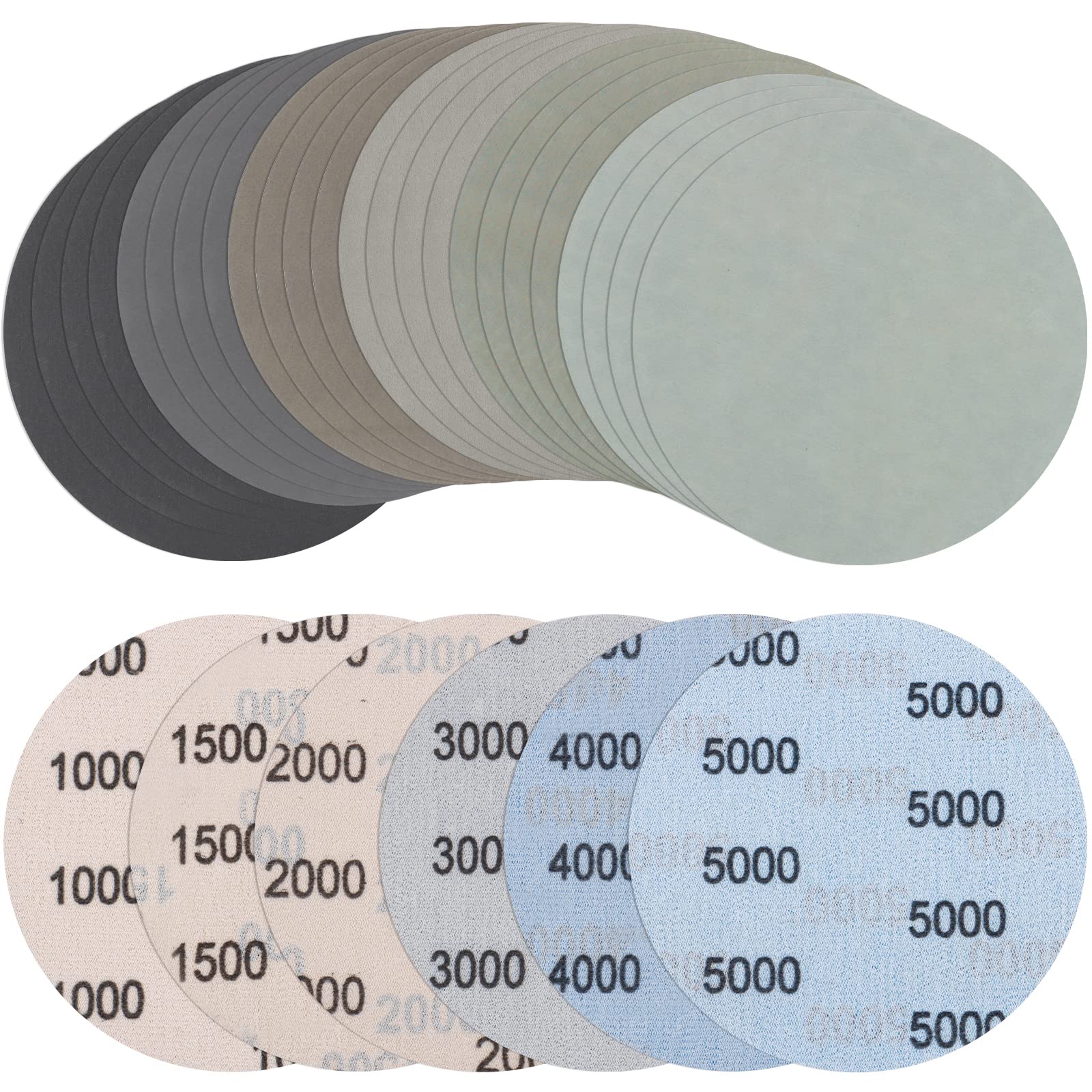 JatilEr 24 Pcs 125mm Sanding Discs, Grit 1000/1500/2000/3000 /4000/5000 Wet and Dry Sanding Disc Round Hook Loop Flocking Disc Orbital Sanding Pad Set for Wood, Metal and Jewelry Car Polishing