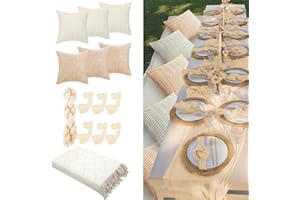 Beeveer 91 x 71 Extra Large Outdoor Boho Picnic Blanket with Beige White Table Runner, 6 Throw Pillow Covers 6 Napkins Woven Cotton Yarn Oversize Beach Blanket Washable Picnic Camp Wedding