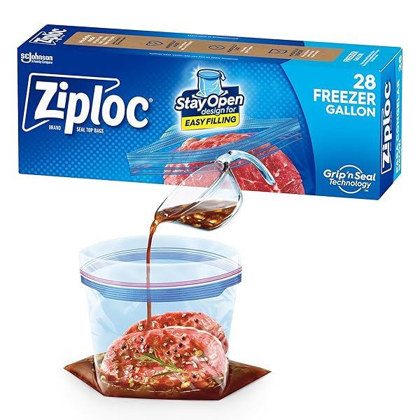 ZIPLOC GALLON FOOD STORAGE FREEZER BAGS, NEW STAY OPEN DESIGN WITH STAND-UP BOTTOM, EASY TO FILL, 28 COUNT