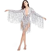 YUANTONG Sparkly Silver Mesh Diamante Fringe Rhinestone Bodysuits for Women Birthday Nightclub Drag Queen Outfit Dance Leotard