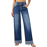 roswear Women's High Waisted Stretchy Wide Leg Jeans Cuffed Baggy Jeans Loose Denim Pants