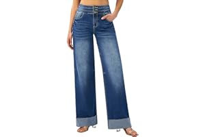 roswear Women's High Waisted Stretchy Wide Leg Jeans Cuffed Baggy Jeans Loose Denim Pants