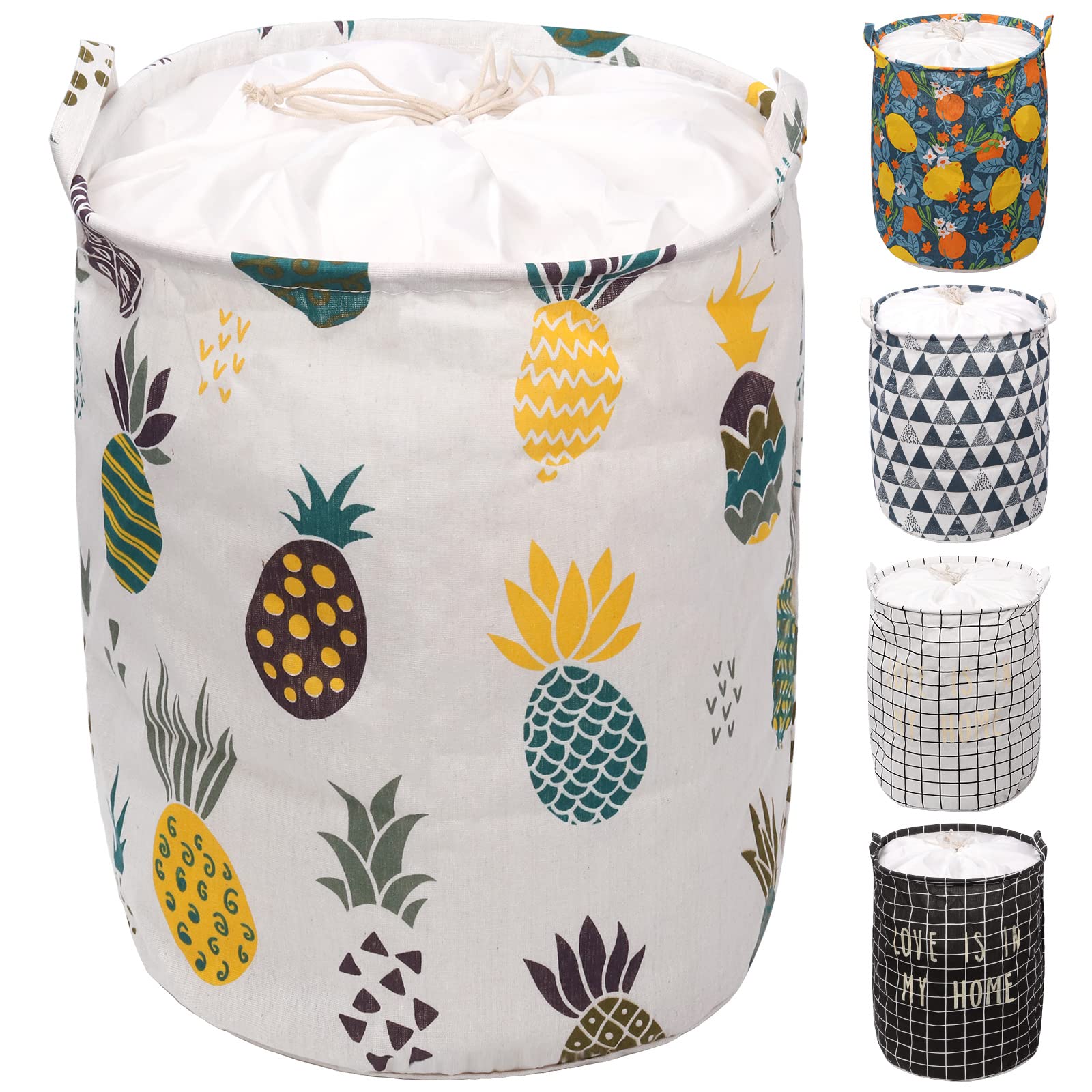 Tanstic 1Pc Freestanding Laundry Basket with Pineapple Pattern, Foldable Large Drawstring Clothes Hamper Collapsible Fabric Bag with Leather Handle for Clothes Washing (15.7x19.6 Inch)
