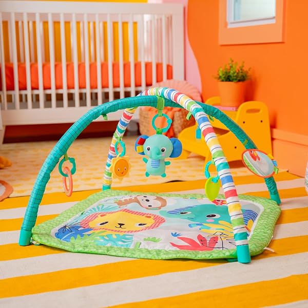 BRIGHT STARTS WILD WIGGLES BABY ACTIVITY GYM & PLAY MAT WITH FOLDINGTOY BAR, NEWBORN AND UP – GREEN, 18.0″ X 31.0″ X 31.0″