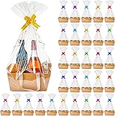 Tuanse 30 Pcs Basket for Gift Empty DIY Bulk Gift Basket Kit with Handle Kraft Cardboard Tray with 30 Bag 30 Bow Market Tray 