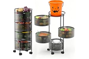 JAQ Kitchen Storage Rack No Assembly, 4-Tier Metal Storage Tower Cart Organizer on Rolling Wheels with Removal Basket for Fruit Vegetable Grocery Corns Potato Onion,Fruteros Para Cocina (4-Tier, Black)
