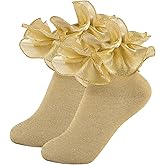 MKYSZLT White Girls Ruffle Socks Gold Shimmering Big Double Layer Lace Sock Ruffles Frilly Dress Socks for Baby Toddler Girl