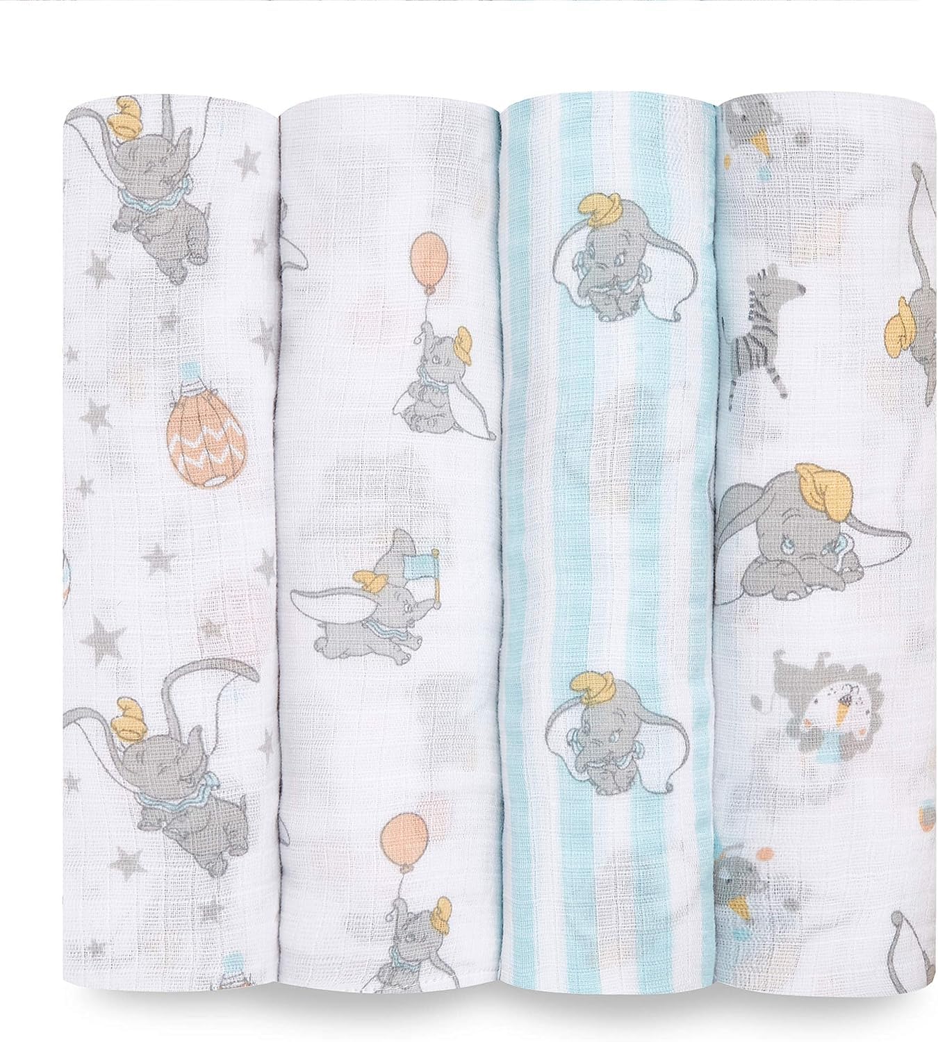 aden + anais essentials 100% Cotton Muslin Swaddle & Receiving Blanket for Baby Girls & Boys, 112x112cm, Newborn Swaddling Set, Infant & Toddler Shower Gift, 4 Pack, dumbo new heights