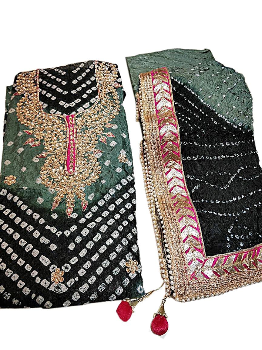 jaipuri rajasthani suit art silk bandhej with gota patti work